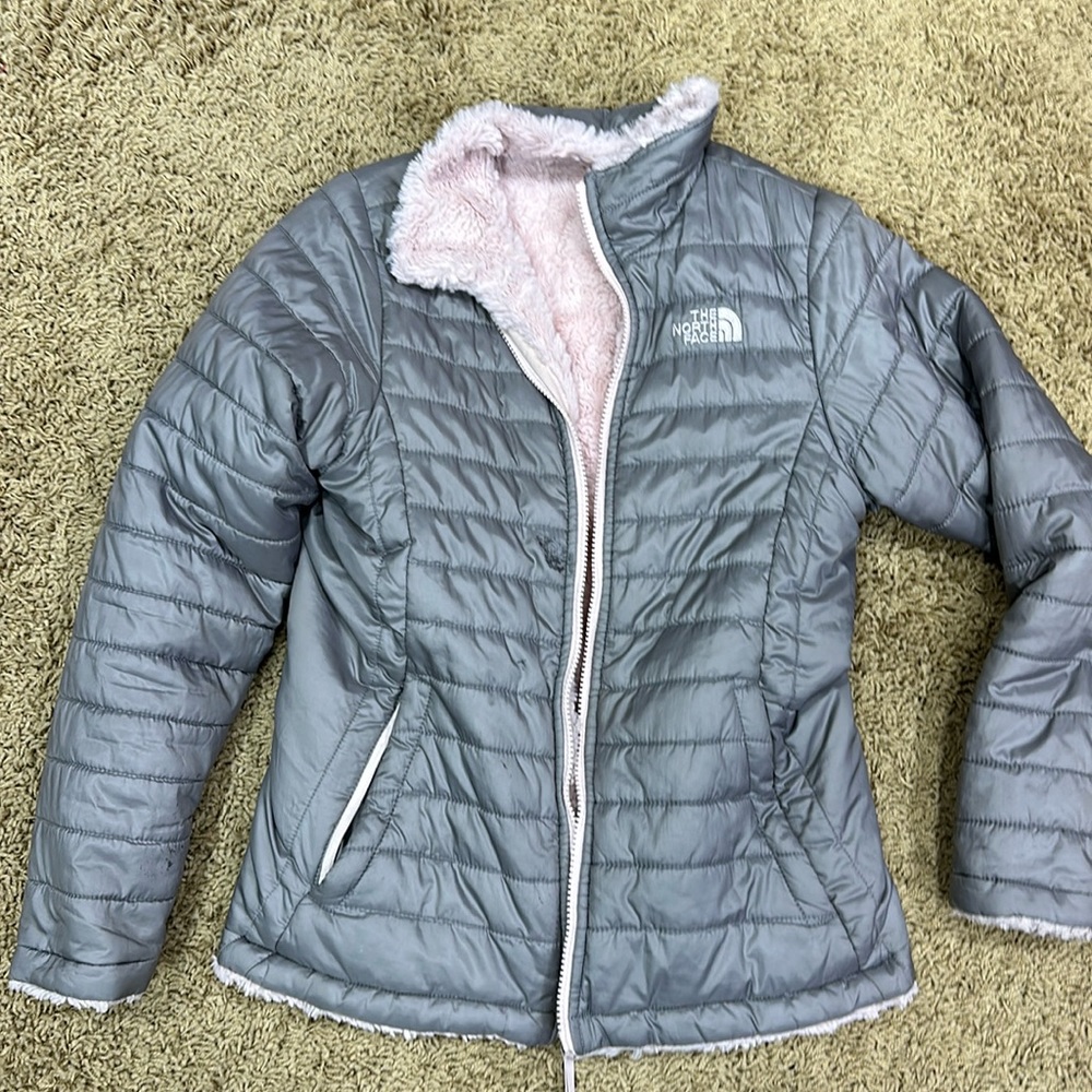 Girls reversible North Face winter coat pink and gray L